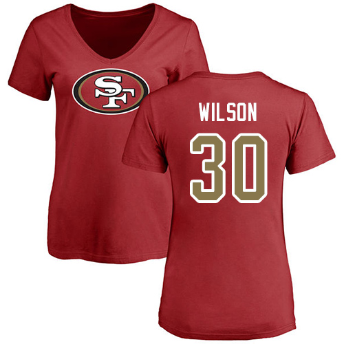 San Francisco 49ers Red Women Jeff Wilson Name and Number Logo #30 NFL T Shirt->women nfl jersey->Women Jersey